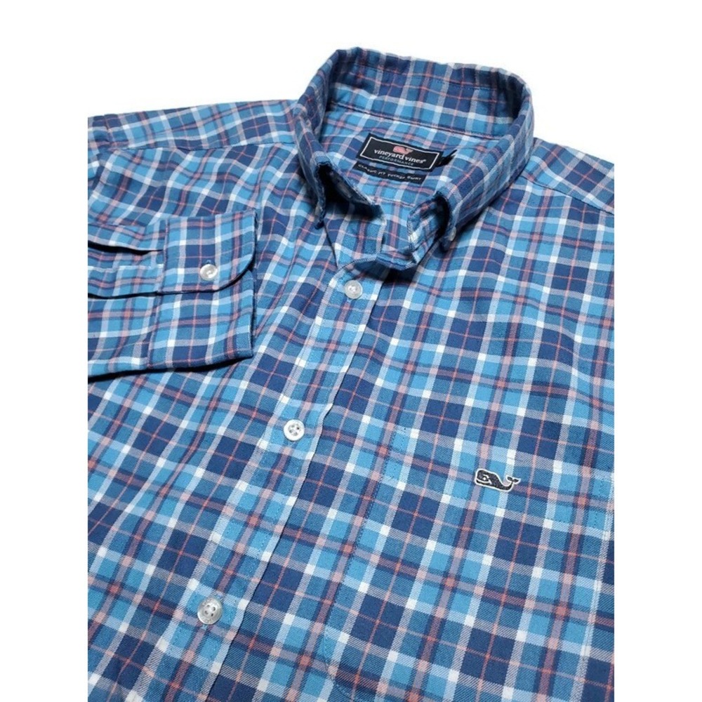 Vineyard Vines Performance Classic Fit Tucker Shirt Blue Orange Plaid Mens M
